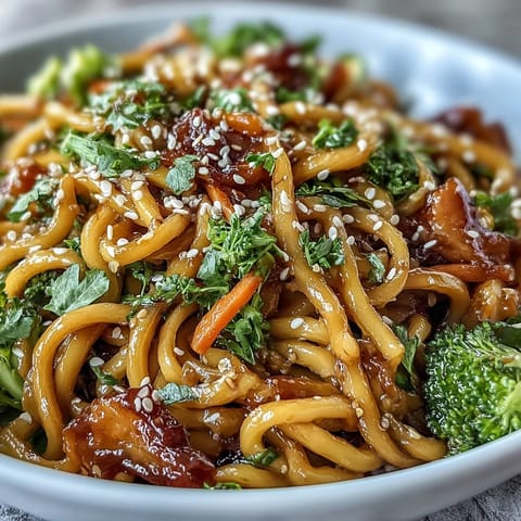 2. This vibrant teriyaki noodle bowl features steamed vegetables and egg noodles tossed in a rich, flavorful sauce, topped with toasted sesame seeds and fresh green onions.  