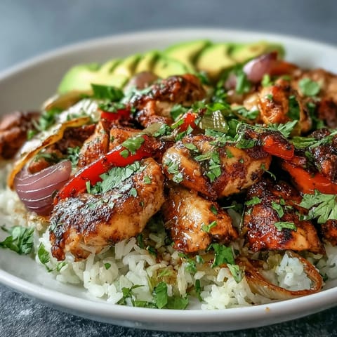 Vibrant sheet pan fajita bowl with tender chicken strips and colorful roasted bell peppers served over fluffy rice.  