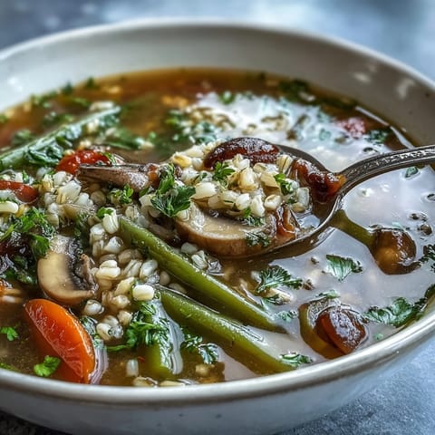A steaming bowl of rustic vegetable barley soup with mushrooms, featuring tender barley, earthy mushrooms, and colorful vegetables in a savory broth.