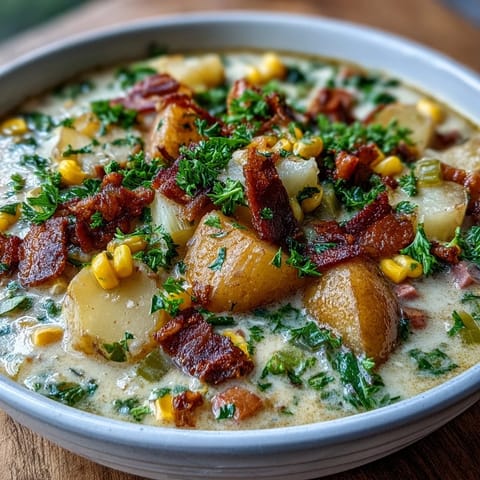 Creamy ham and potato chowder with tender Yukon Gold potatoes, sweet corn, and crisp celery in a light broth.  