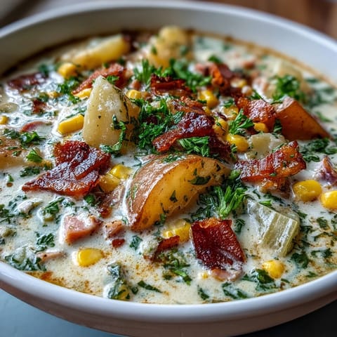 Hearty bowl of light ham and potato chowder featuring diced ham, sweet corn, and celery for a comforting meal.  
