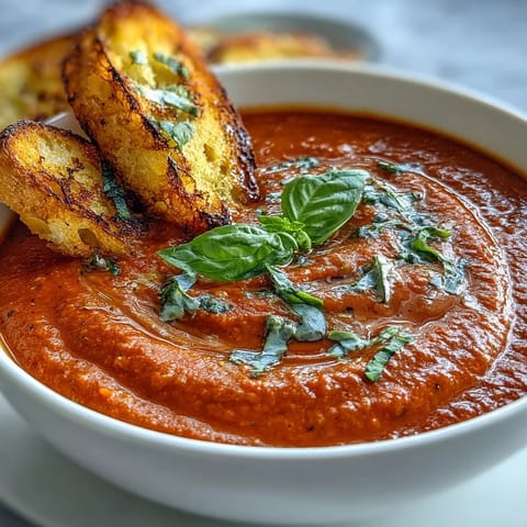 Creamy tomato basil soup with golden sourdough dippers, served in a white bowl with fresh basil garnish.
