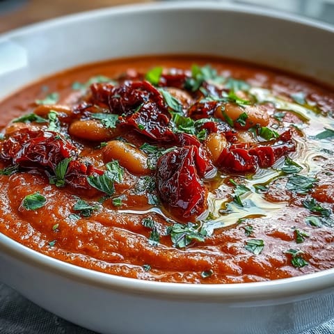 Creamy roasted red pepper and white bean soup in a rustic bowl, garnished with fresh parsley and a drizzle of olive oil.