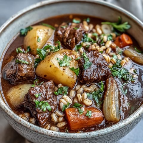 Hearty One-Pot Guinness Beef and Barley Stew with tender beef, nutty barley, and root vegetables in a rich, savory broth—perfect for cozy dinners.