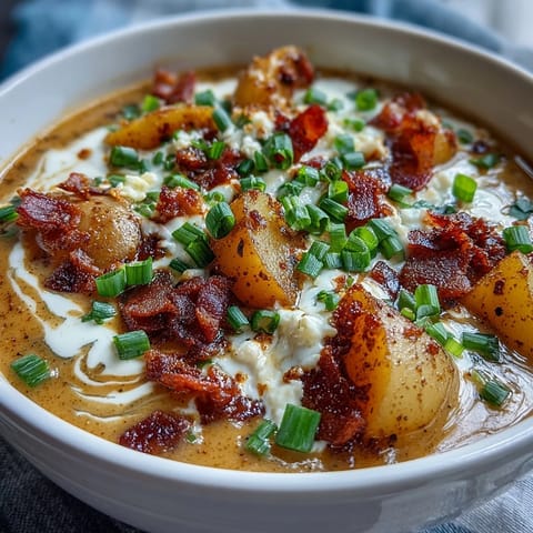 Creamy St. Patrick's Day loaded baked potato soup with crispy bacon and cheddar cheese.  