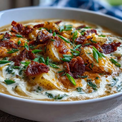 Velvety potato soup topped with crumbled turkey bacon, green onions, and melted cheese.  