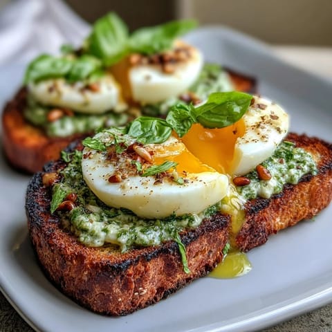 Spinach pesto sourdough toast topped with a perfectly soft-boiled egg and flaky sea salt.