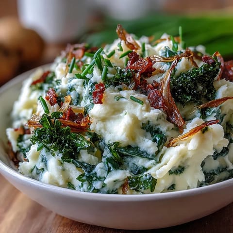 Creamy mashed potatoes with sautéed leeks and crispy kale, a modern twist on classic Irish colcannon comfort food.