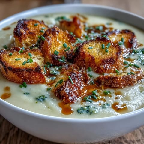 Creamy leek and potato soup with sourdough croutons in a white bowl, garnished with fresh chives and golden croutons.  
