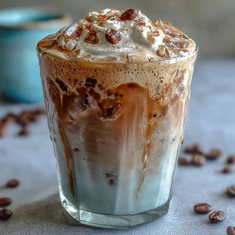 Creamy Skinny Vanilla Bean Frappuccino blended with almond milk and espresso, topped with light whipped cream and vanilla bean specks.