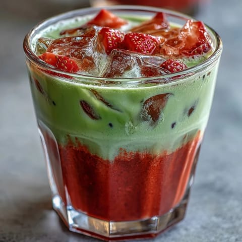 Beautifully layered dairy-free iced latte featuring fresh strawberry purée, whisked matcha, and smooth coconut milk for a summer treat.  