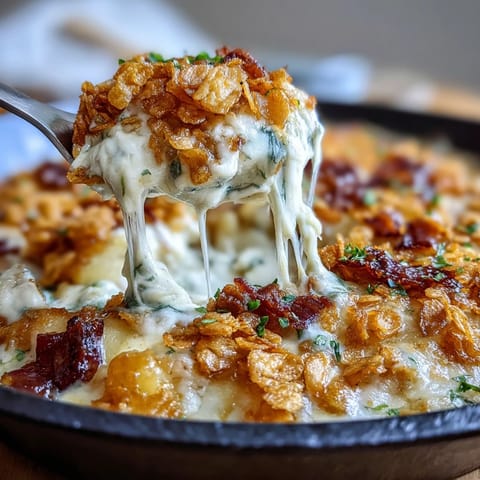 Funeral potatoes and ham breakfast skillet with crispy hash browns, melted cheddar, and savory ham baked to golden perfection.