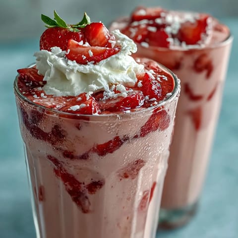 A thick, frosty strawberry shortcake protein smoothie blended with Greek yogurt and vanilla protein powder, perfect for breakfast or post-workout recovery.
