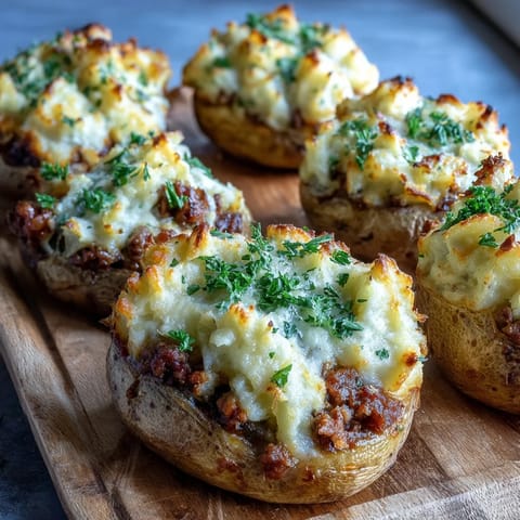 Hearty shepherds pie stuffed baked potatoes loaded with savory beef and vegetables, topped with creamy mashed potato.