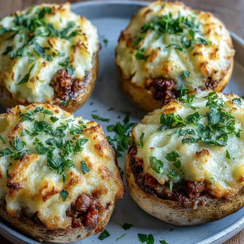 Fluffy baked potatoes filled with classic shepherds pie mixture of ground beef, carrots, and peas, crowned with golden mashed potato.