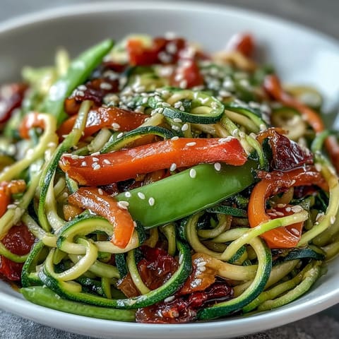 Healthy Easy Zucchini Noodle Stir Fry with vibrant spiralized zucchini and crisp vegetables in a savory sesame sauce.  