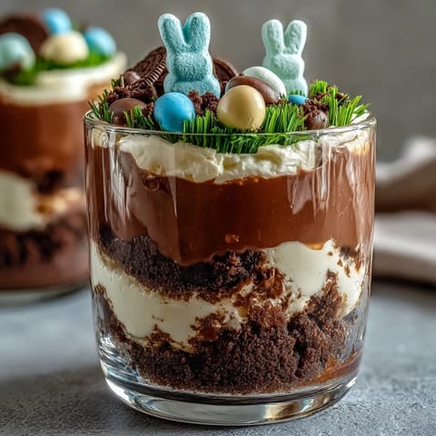 Easter Bunny Dirt Cups for Kids with chocolate pudding, crushed cookies, and marshmallow bunnies in clear cups, perfect for festive Easter celebrations.