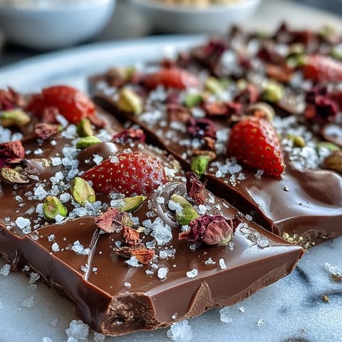 Decadent dark chocolate bark featuring freeze-dried strawberries, rose petals, and pistachios for a Middle Eastern twist.