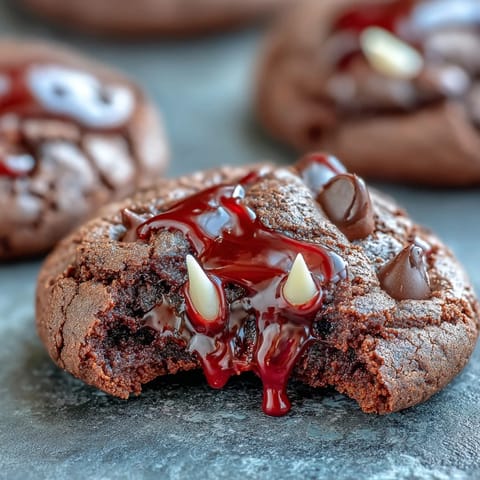 Decadent chocolate cookies with chewy centers, decorated with candy fangs and red icing for a spooky Halloween dessert.  