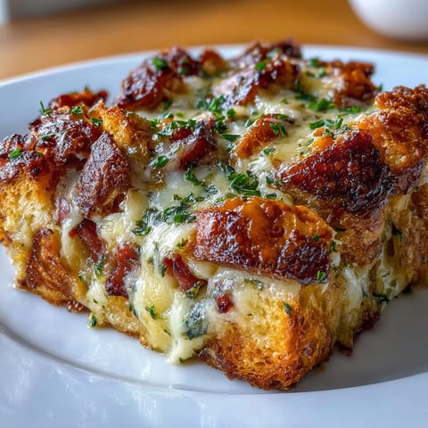 Fluffy ham and cheese croissant bake casserole with golden layers of buttery pastry and melty cheese.  