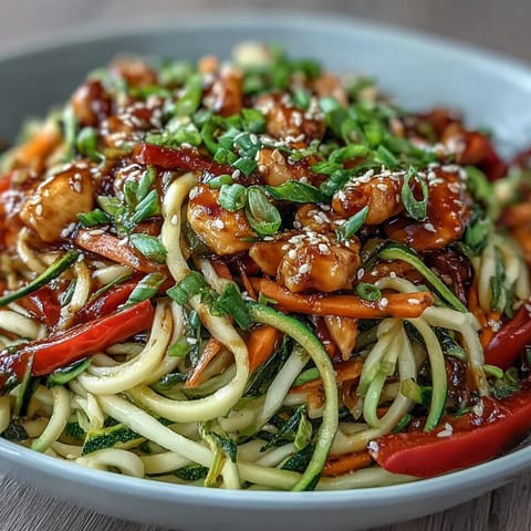 A colorful stir fry with tender chicken, crisp zucchini noodles, and vibrant vegetables in a savory Asian sauce.