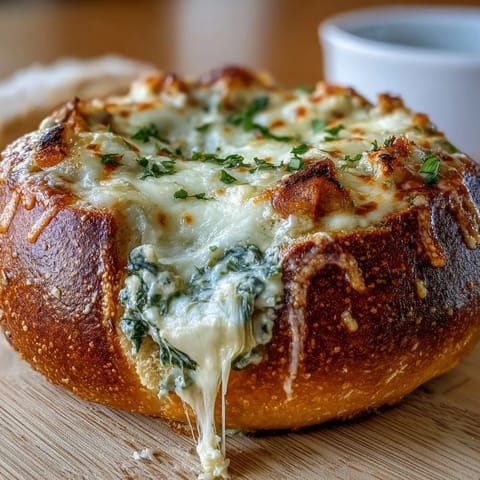 Creamy St. Patrick's Day spinach artichoke dip baked in a golden sourdough bread bowl, perfect for festive gatherings.