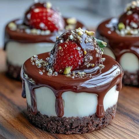 Decadent Dubai-inspired chocolate strawberry cheesecake cups with creamy filling and fresh strawberry topping.