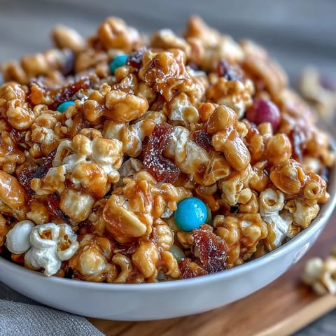 Caramel candy apple popcorn mix with crunchy popcorn, chewy dried apples, and colorful candy pieces in a large bowl.  