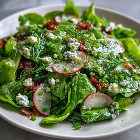 Fresh baby arugula and spinach salad topped with thinly sliced radishes, cucumbers, and a tangy lemon Dijon dressing.