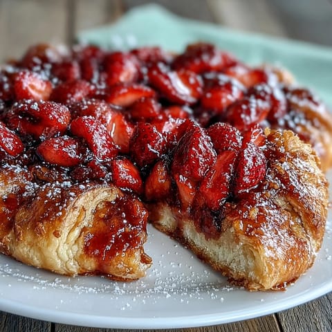 Rustic strawberry galette with almond frangipane, golden pastry folded around juicy berries and rich cream filling.