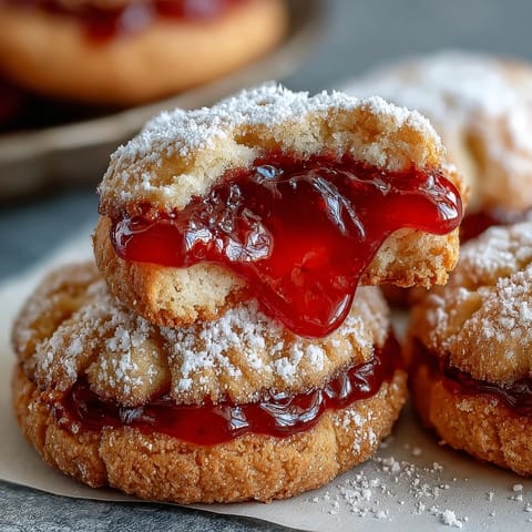 Fresh strawberry jam thumbprint cookies with golden edges and ruby-red centers, perfect for springtime gatherings.  