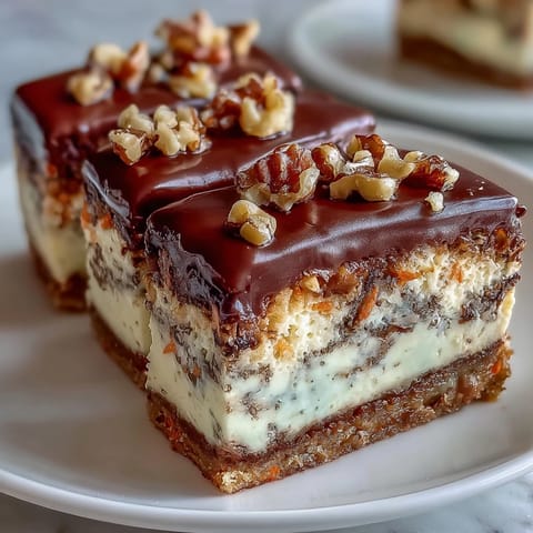 Carrot Cake Cheesecake Bars with creamy swirl and spiced frosting on a dessert platter.