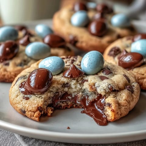 1. Soft, chewy Cadbury Mini Egg Easter Chocolate Chip Cookies bursting with colorful candy-coated chocolate eggs and gooey chocolate chips.  
