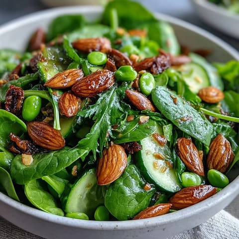 A vibrant spring green salad with honey mustard dressing, topped with crunchy toasted almonds and fresh herbs. Perfect for a light lunch or healthy appetizer.