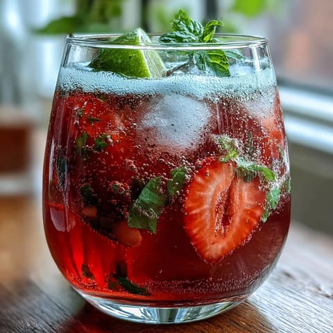 Vibrant strawberry lemon sparkling mocktail with fresh berries and mint garnish, perfect for spring celebrations.