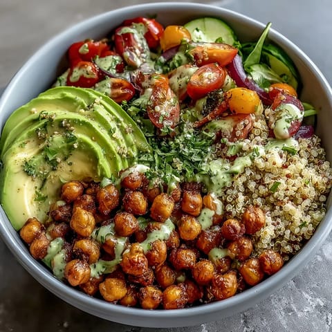 Roasted chickpea and quinoa bowls drizzled with zesty lemon dressing, topped with colorful veggies and fresh parsley.  