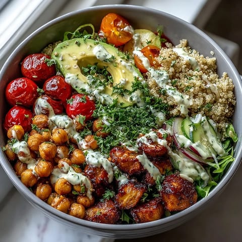 Bright lemon vinaigrette grain bowls with roasted chickpeas, fresh vegetables, and avocado slices for a vibrant and healthy meal.  
