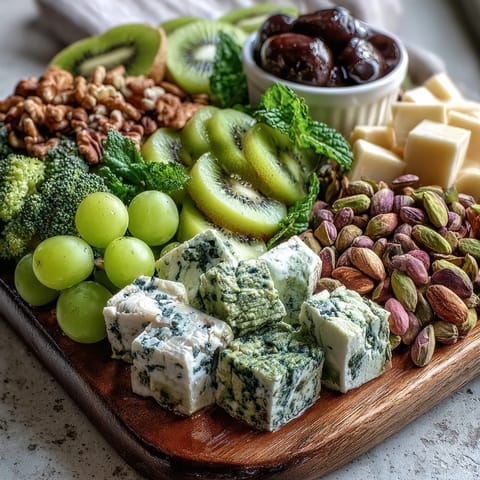 Festive St. Patricks Day Green Food Board with vibrant fruits, veggies, cheeses, and sweet treats for a colorful celebration.