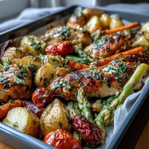 A colorful sheet pan chicken dinner with juicy chicken and vibrant spring vegetables roasted to perfection.
