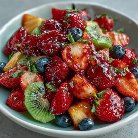 Vibrant spring fruit platter with strawberries, pineapple, and kiwi, served with creamy honey-yogurt dipping sauce for a refreshing appetizer.