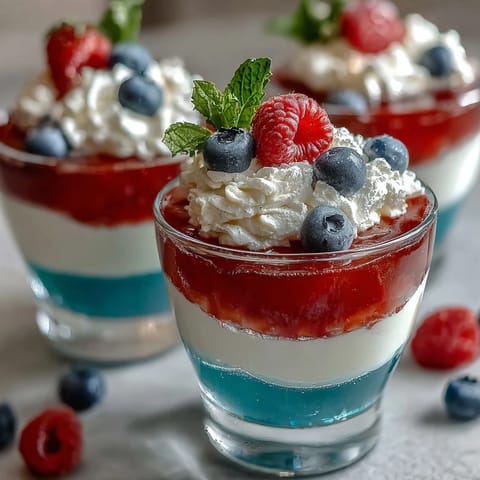 Festive Jello dessert cups featuring bold red, white, and blue layers, topped with whipped cream and fresh berries for a sweet treat.  