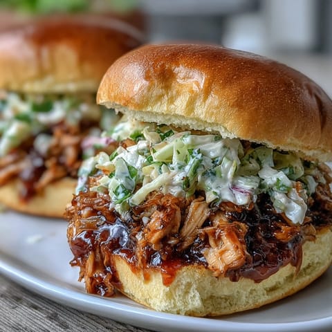 2. Shredded BBQ chicken piled high on toasted slider buns, topped with crisp, refreshing coleslaw for summer BBQs.