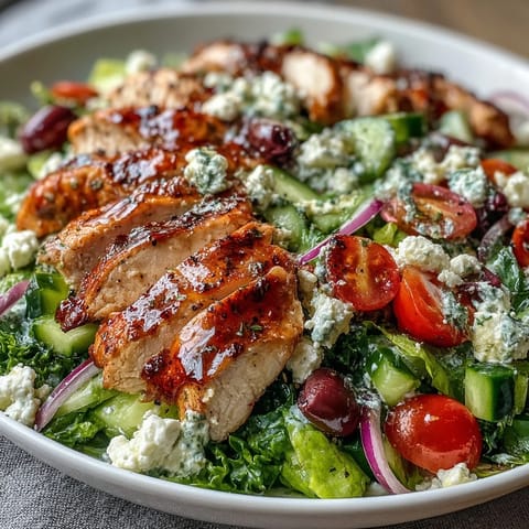 Vibrant Greek salad bowl with grilled chicken, juicy chicken breast atop crisp lettuce, tomatoes, cucumbers, and creamy feta.  