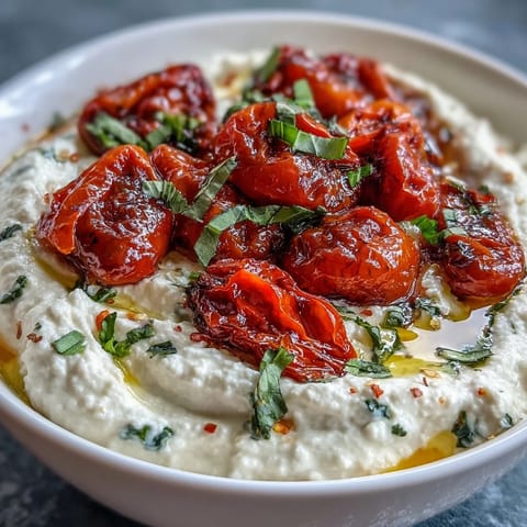 Whipped feta dip with roasted cherry tomatoes, creamy and tangy, topped with sweet blistered tomatoes and fresh basil.  