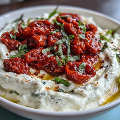 Creamy whipped feta blended with cream cheese and lemon, served with caramelized roasted cherry tomatoes and a drizzle of olive oil.  