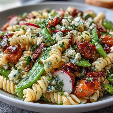 Colorful spring pasta salad with tender asparagus, snap peas, and radishes, tossed in a zesty lemon vinaigrette for a fresh, healthy meal.  