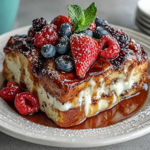 Fluffy pancake casserole baked with fresh berries and creamy custard, perfect for a festive Mothers Day brunch with family and friends.