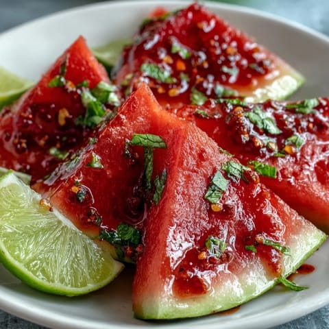 Chilled watermelon wedges dusted with spicy Tajin and bright lime create the perfect refreshing summer treat.  