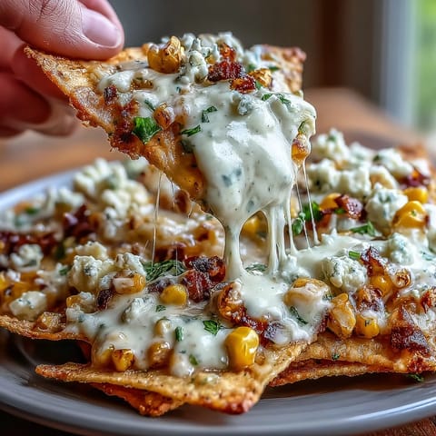Crispy tortilla chips topped with charred corn, melted Monterey Jack and cheddar cheeses, and a smoky chipotle crema drizzle.  