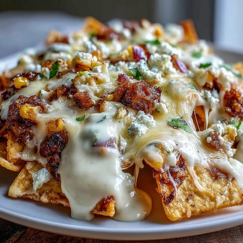 A festive platter of Cinco de Mayo Elote Nachos loaded with fresh cilantro, cotija cheese crumbles, and lime wedges for zesty flavor.  